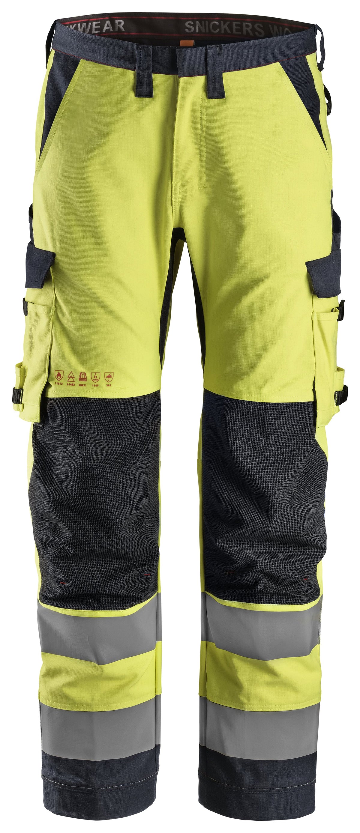 Snickers Workwear ProtecWork, Work Trousers Equal Leg Pockets, High-Vis Class 2 in Hi-Vis Yellow/Navy