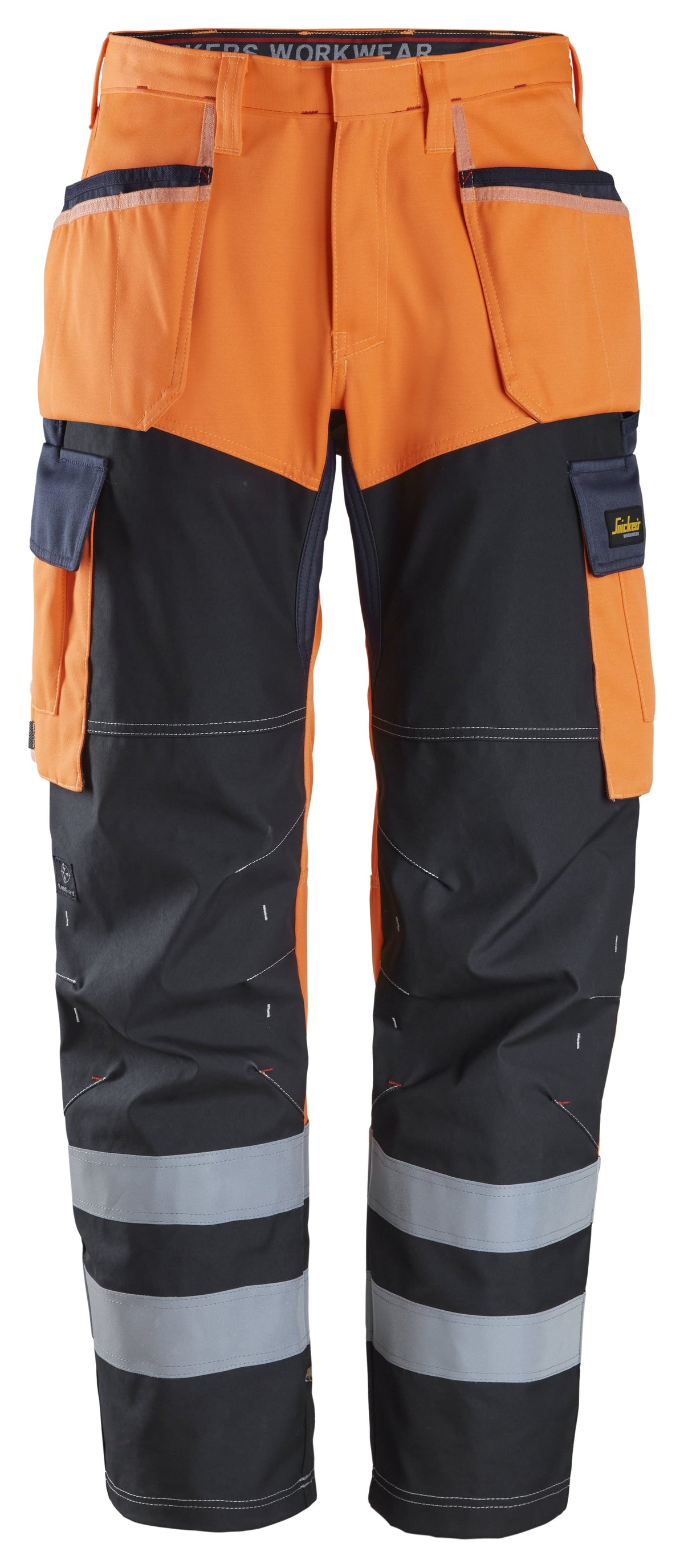 Snickers Workwear ProtecWork, Trousers Reinforced, Holster Pockets, High-Vis Class 1 in Hi-Vis Orange/Navy