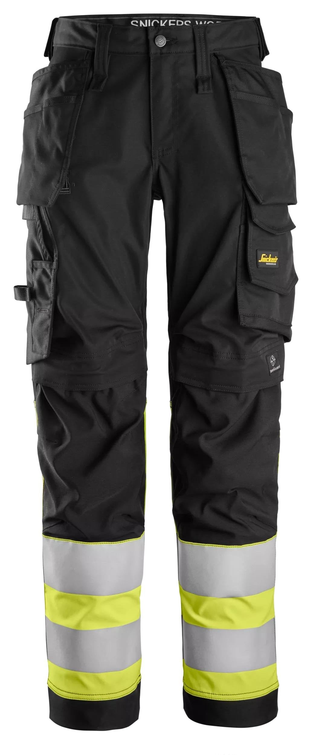 Snickers Workwear High-Vis Class 1, Women's Stretch Trouser Holster Pockets in Black/Hi-Vis Yellow