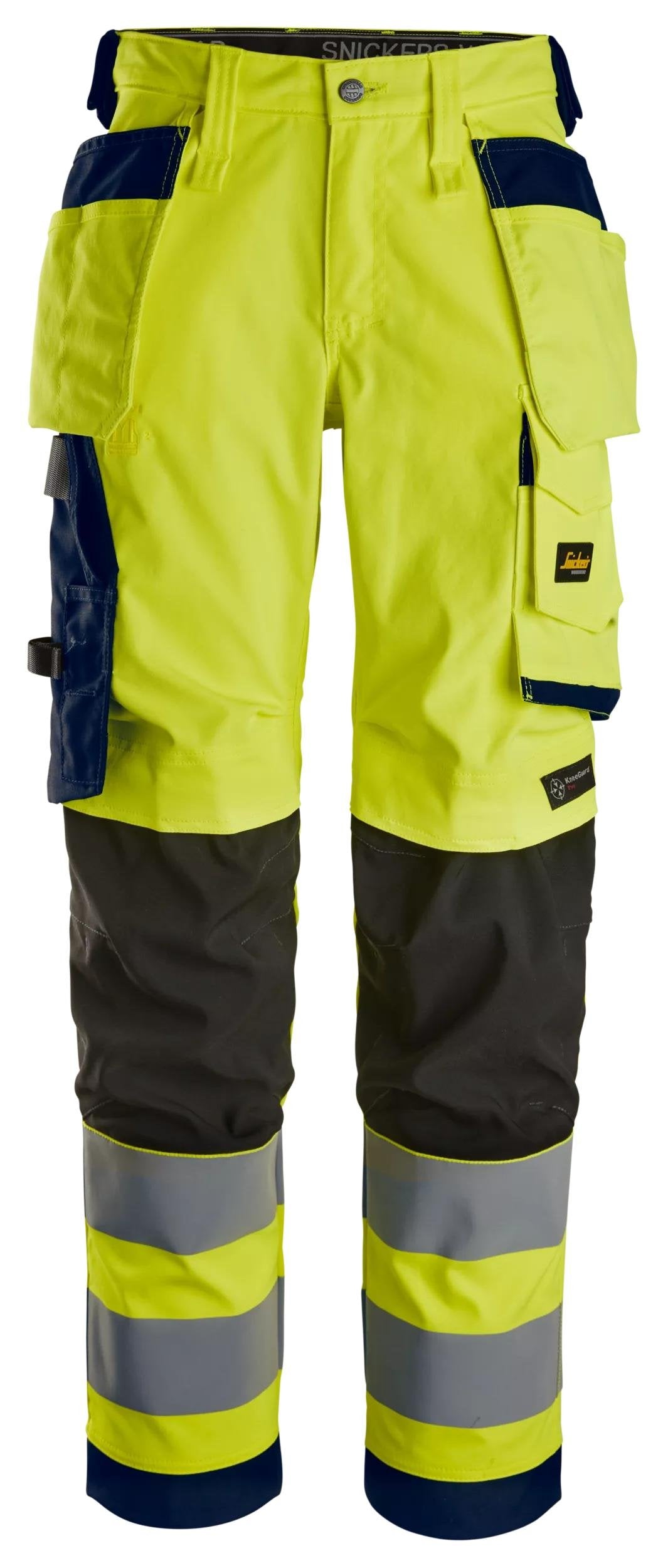 Snickers Workwear High-Vis Class 2, Women's Stretch Trousers Holster Pockets in Hi-Vis Yellow/Navy
