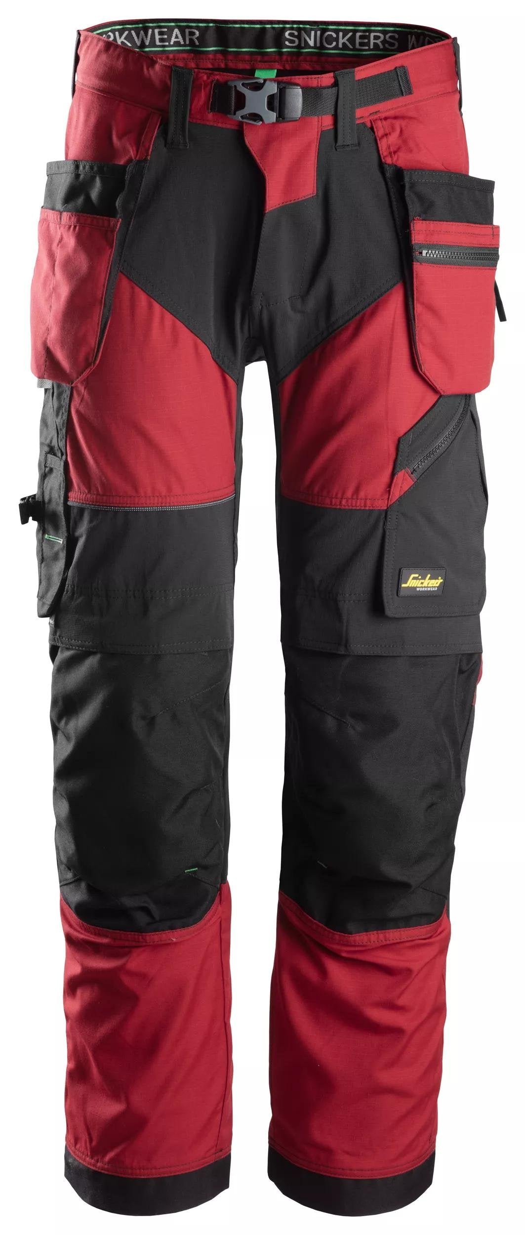 Snickers Workwear FlexiWork, Work Trousers+ Holster Pockets in Chili Red/Black