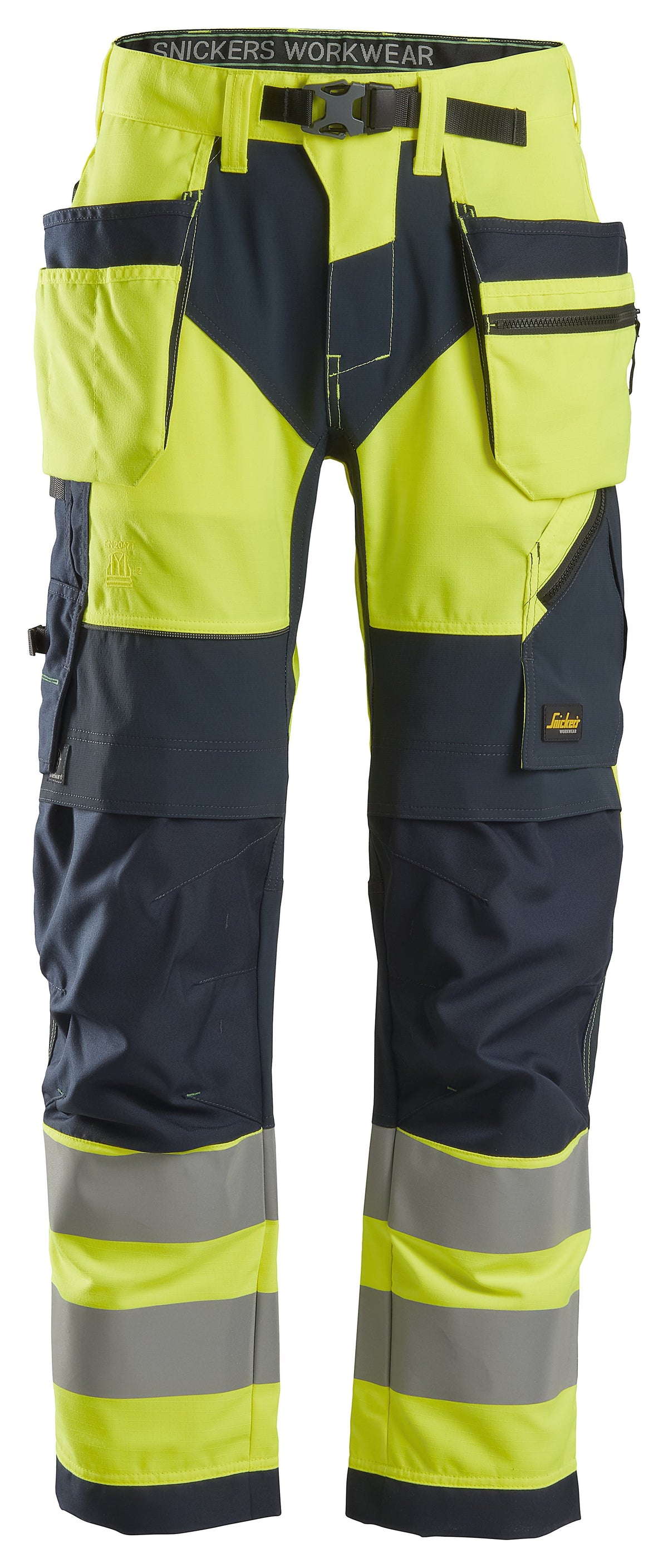 Snickers Workwear High-Vis Class 2, Work Trousers+ Holster Pockets in Hi-Vis Yellow/Navy