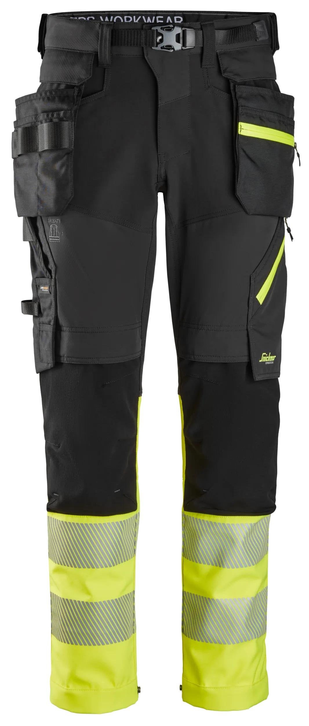 Snickers Workwear High-Vis Class 1, Trousers Detachable Holster Pockets in Black/Hi-Vis Yellow