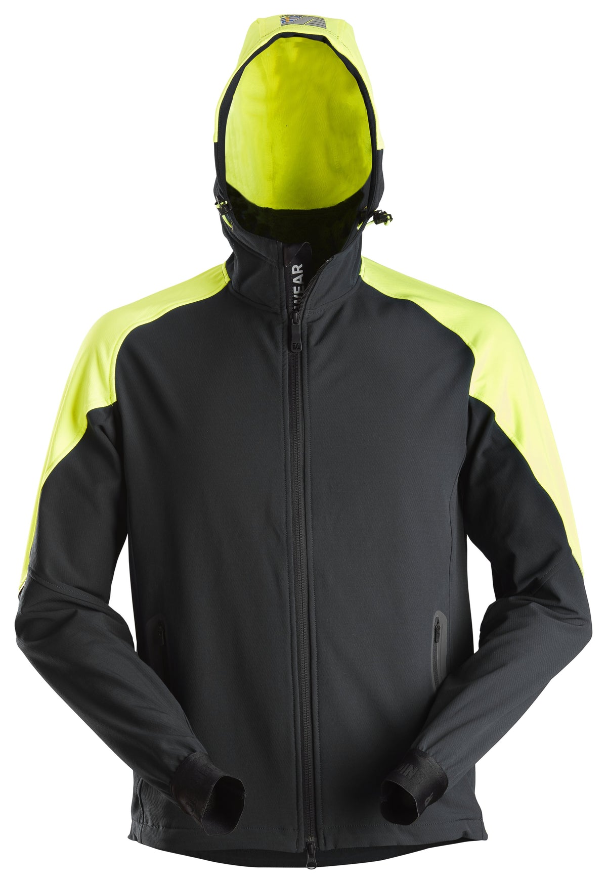 Snickers Workwear FlexiWork, Neon Full Zip Hoodie in Black/Neon Yellow