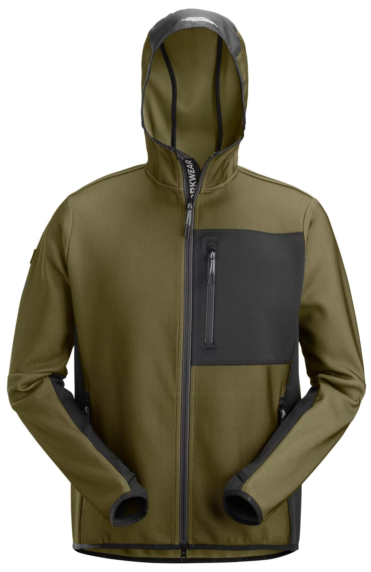 Snickers Workwear FlexiWork, Full Zip Midlayer Hoodie in Khaki Green/Black