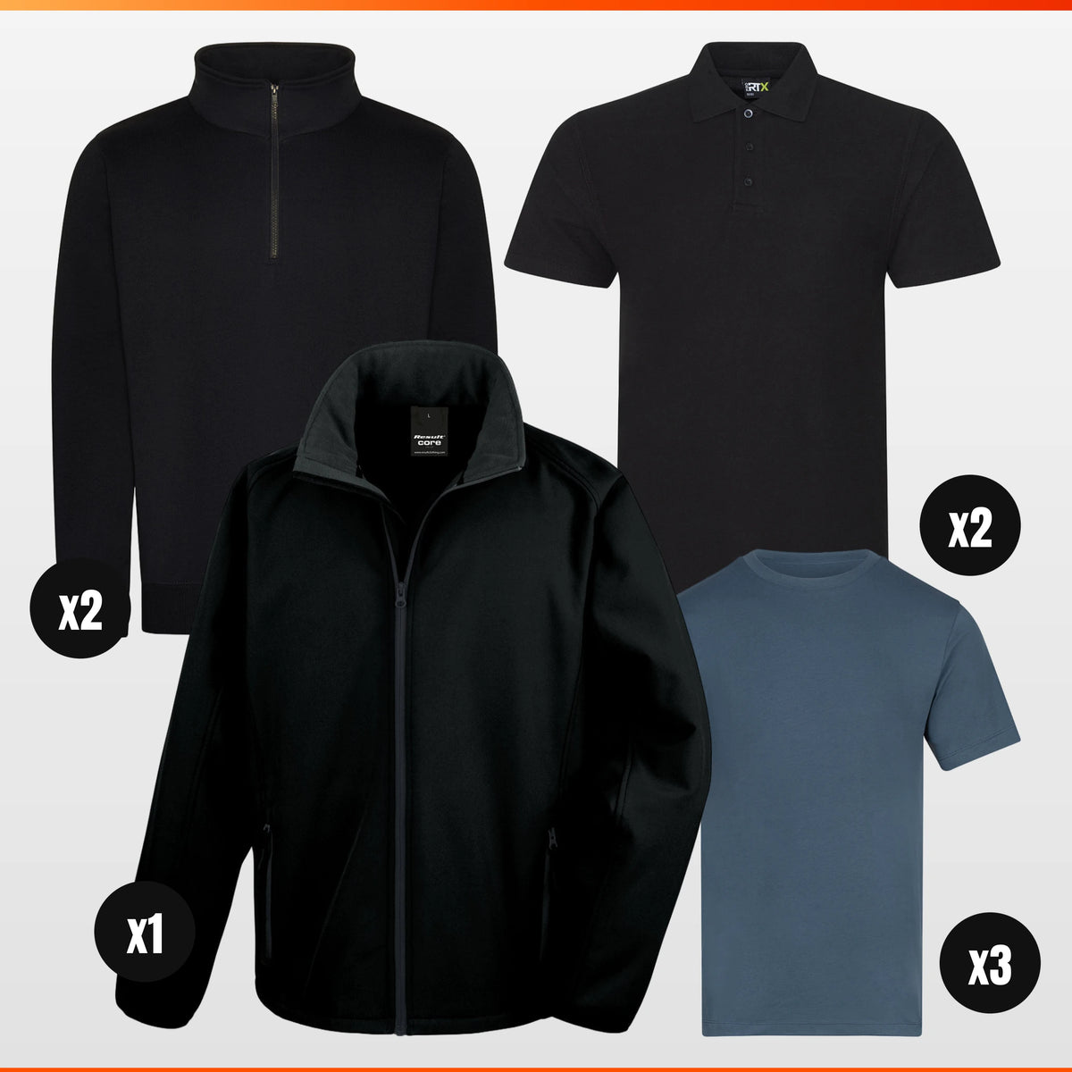 ProRTX x2 Polo + x3 Tee + x2 Quarter-Zip + Softshell Pack – workwear bundle, logo included in the price, The Workwear Co