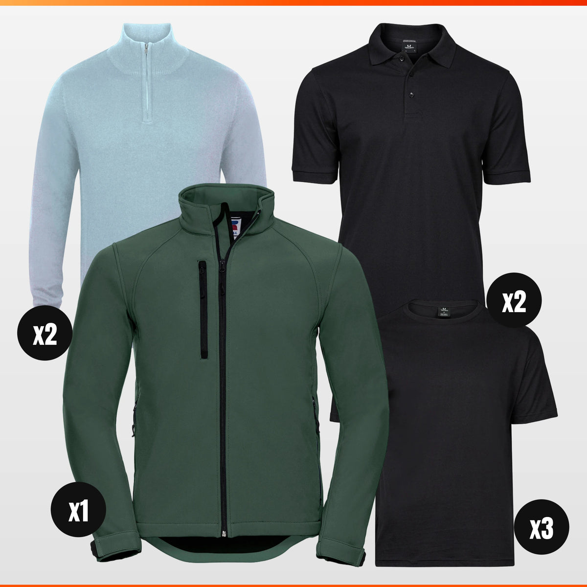 Tee Jays x2 Polo + x3 Tee + x2 Quarter-Zip + Softshell Pack – workwear bundle, logo included in the price, The Workwear Co