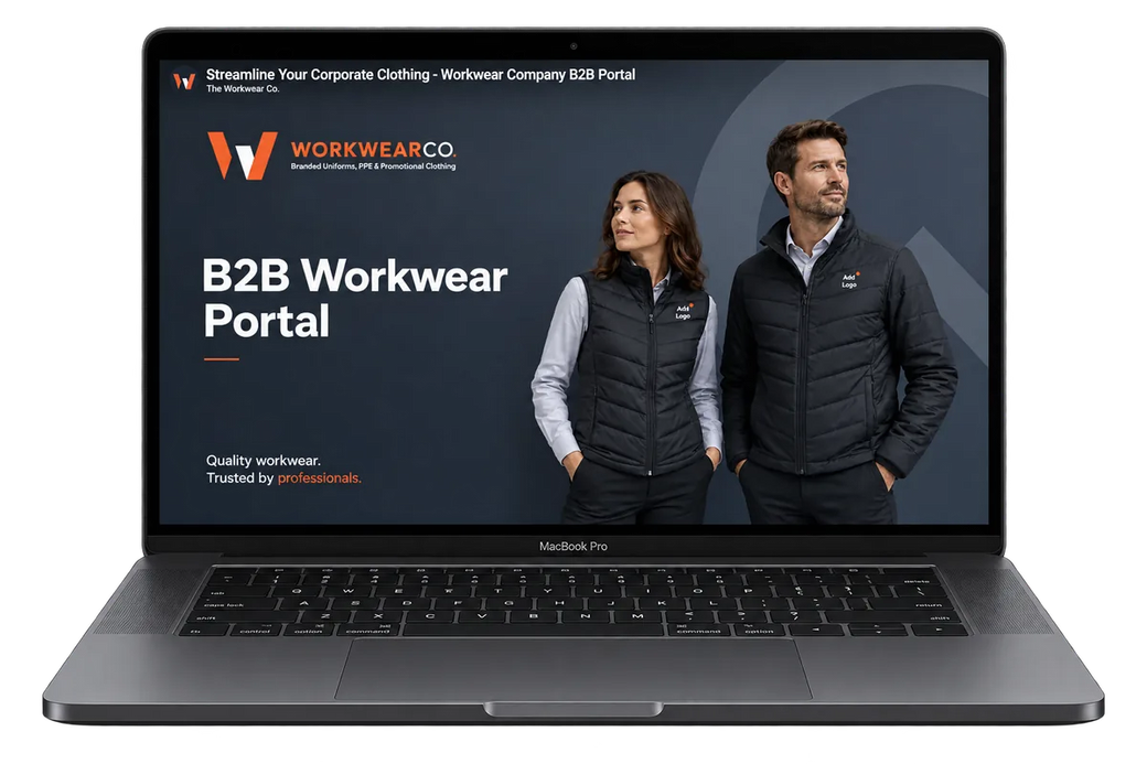 Laptop showing The Workwear Co B2B Shop for team workwear ordering